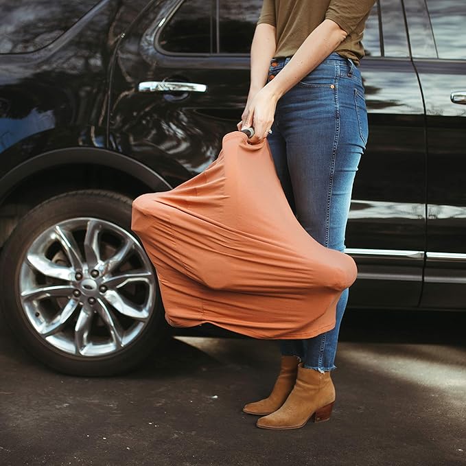 Parker Baby 4 in 1 Car Seat Cover for Girls and Boys - Stretchy Carseat Canopy, Nursing Cover, Grocery Cart Cover, High Chair Cover - “Copper”