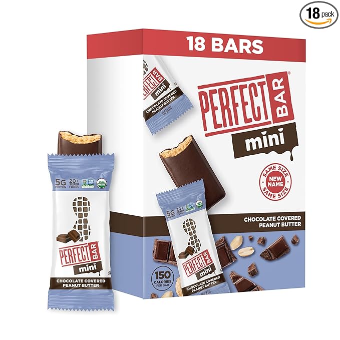 Perfect Bar Mini, Chocolate Covered Peanut Butter Protein Bar, Protein Snack, Snack Bar, Organic, Gluten Free, Soy Free, Non GMO, No Sugar Alcohols, 1.05 Ounce Bar, 18 Count