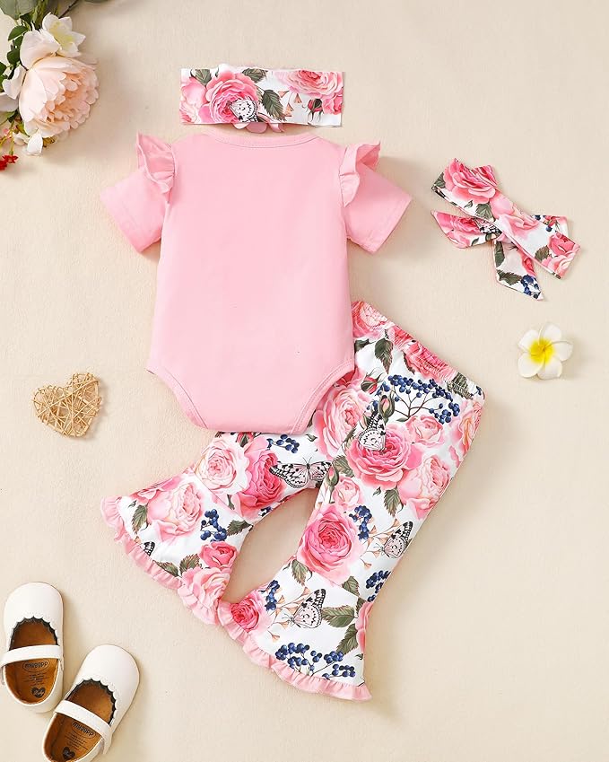 SUNNY PIGGY Newborn Baby Girl Clothes Infant Outfits Romper Floral Fall Outfit Bell Bottoms Pant Sets Hat Headband Flowerpant