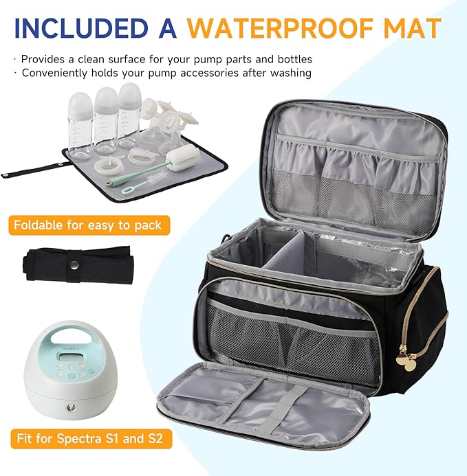 Breast Pump Bag Compatible with Spectra S1 and S2, Large Insulated Storage with Waterproof Mat, Travel & Work Portable Pump Carrying Case for Pumping Accessories, Black