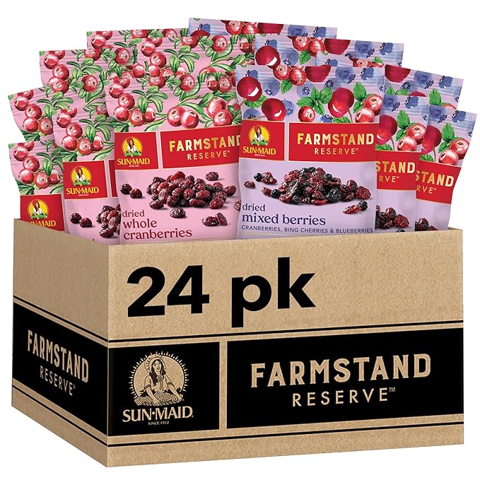 Sun-Maid Farmstand Reserve 24 Count Variety Pack - 0.8 oz Snack Bag – (12) Whole Dried Cranberries and (12) Dried Mixed Berries (Amazon Exclusive)
