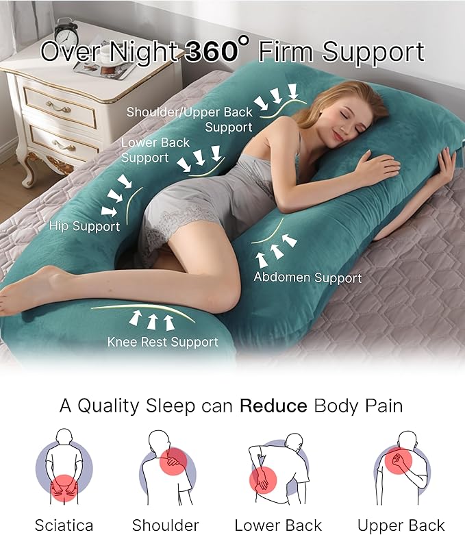 Pregnancy Pillow, Full Body Maternity Pillow 57 inch, with Removable Washable Cover - Sleep Support for Legs, Back, Neck, Shoulder, HIPS, Belly, Velvet Cover (Dark Green)
