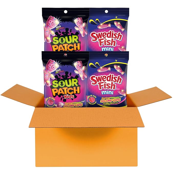 SOUR PATCH KIDS and SWEDISH FISH Mini Glow Ups Strawberry-Watermelon Soft & Chewy Candy Variety Pack, Bulk Candy, 4-6.7 oz Bags