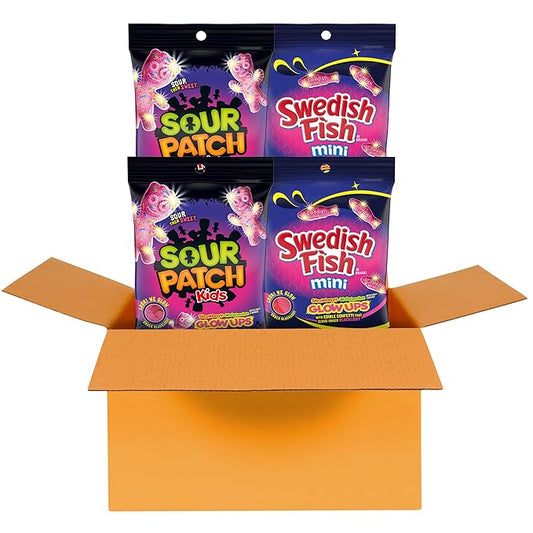 SOUR PATCH KIDS and SWEDISH FISH Mini Glow Ups Strawberry-Watermelon Soft & Chewy Candy Variety Pack, Bulk Candy, 4-6.7 oz Bags