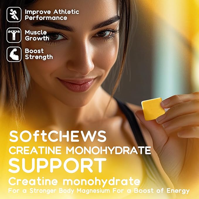 Creatine Monohydrate Chews Complex 6400mg for Men & Women -Advanced Formula W/L-Taurine + Vitamin B12, Sugar Free Chewable Supplement,60 Pineapple Softchews
