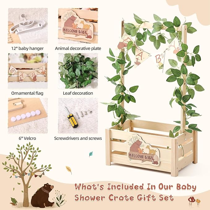 Wooden Baby Shower Crate Closet - Forest Animals Themed Personalized Crate with Hangers & Decorative Accents, Easy Assembly Natural Wood Gift Basket Ideal for Baby Shower & Nursery Storage