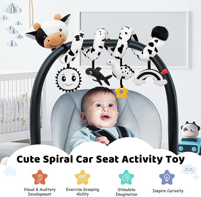 Spiral Car Seat Baby Toys 0-6 Months, Infant Carseat High Contrast Sensory Toys Hanging Stroller Accessories, Newborn Gifts for Baby Boys Girls Essentials Stuff, Cute Black and White Cow