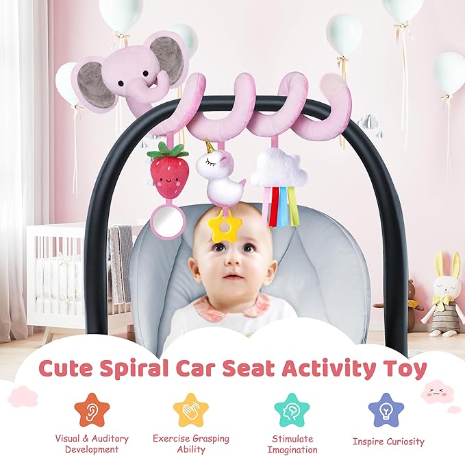 Spiral Car Seat Toys for Baby Girls 0-6 Months, Perfect Newborn Gifts for Girls Essentials, Cute Pink Elephant Strawberry Hanging Plush Items