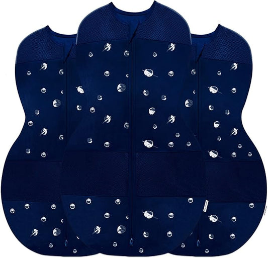 Happiest Baby Sleepea 5-Second Swaddle - 100% Organic Cotton Baby Swaddle Blanket - Doctor Designed Promotes Healthy Hip Development - 3-Pack Bundle (Midnight Planets, S, M, L)