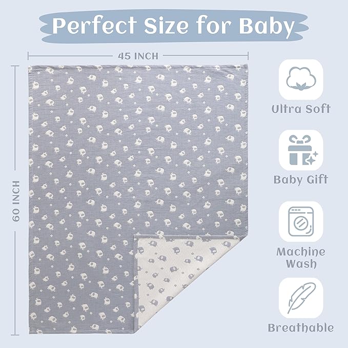 NTBAY 3 Layer Oversized Muslin Cotton Toddler Blanket, Jacquard Reversible Nursery Bed Blanket, Super Soft and Thermal for All Seasons, Baby Gift, 45"x60", Blue Elephant