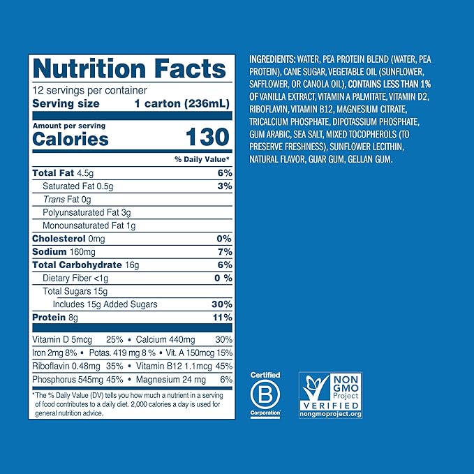 Ripple Non-Dairy Milk, Vanilla | Vegan Milk With 8g Pea Protein | Shelf Stable Single Serve Cartons | On-The-Go | Non-GMO, Plant Based, Gluten Free | 8 oz (Pack of 12)