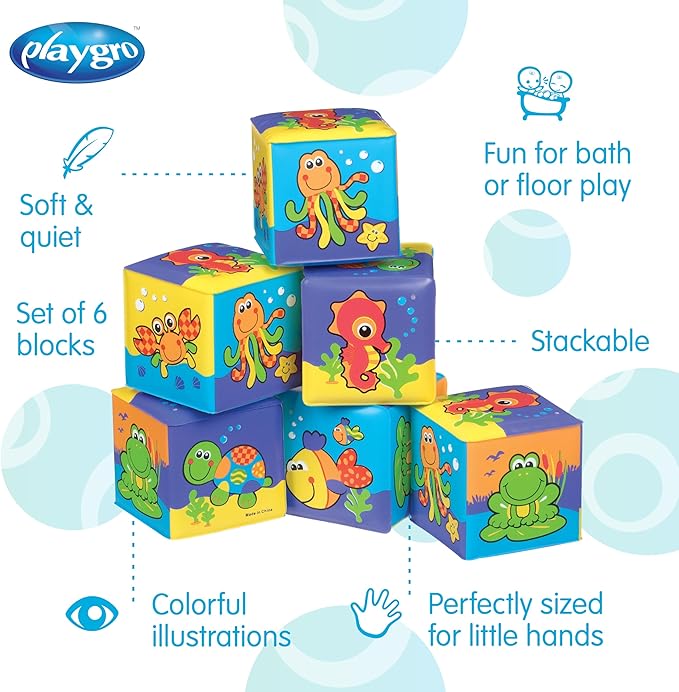 Playgro Soft Stacking Blocks - Sensory Stacking Fun for Babies - Set of 6 Soft Sensory Blocks for 6+ Months - Promotes Cognitive Development & Bath Time Joy - Ideal Building Blocks for Toddlers