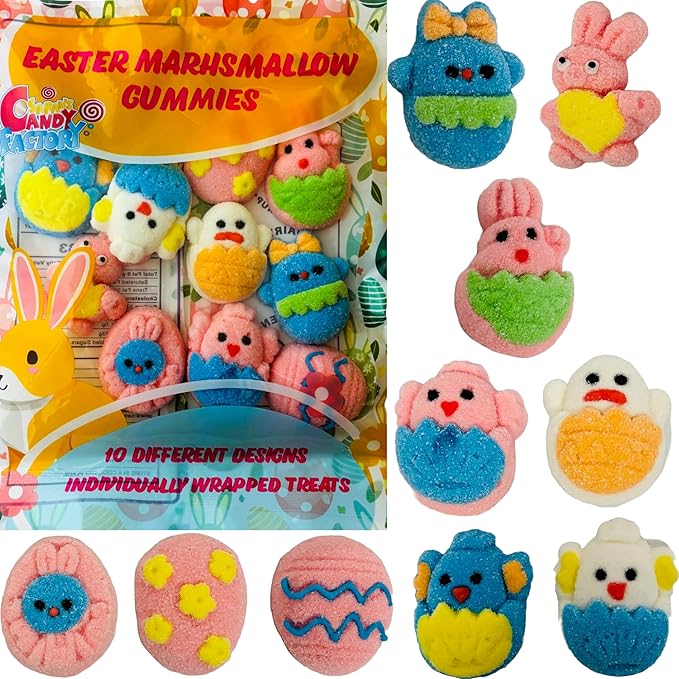 Easter Marshmallow Gummies 10 Different Design,4.5 Oz, Individually Wrapped Gummies in Bag, Gluten Free, Diary Free, Perfect for Egg Hunts!