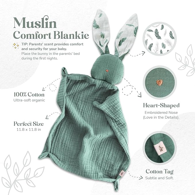 Mikito Organic Cotton Baby Muslin Lovey Bunny - Oeko-TEX & GOTS Certified - Security Blanket & Perfect Loveys for Babies - Unisex New Baby Gift for Ultimate Comfort & Peaceful Dreams