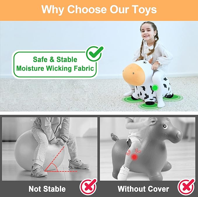 iPlay, iLearn Bouncy Pals Dairy Cow Hopping Horse, Plush Inflatable Animal Hopper, Indoor n Outdoor Ride on Jumping Bounce Toys, Birthday Gift for 18 Months 2 3 4 5 Year Old Kids Toddlers Boys Girls