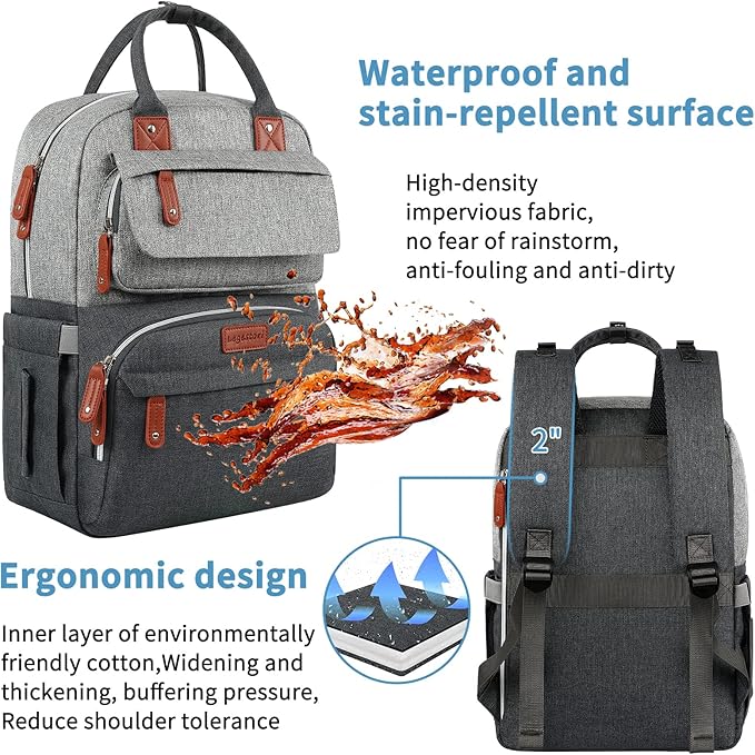Diaper Bag Backpack, Baby Bag for Boys Girls, Large Diaper Backpack Travel Diaper Bags with Insulated Pockets Baby Registry Search Shower Gifts Newborn Essentials for Mom Dad, Waterproof Grey