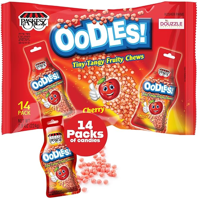 DOUzzle Back To School Oodles Cherry Tiny Tangy Fruity Chews Mix (12 Count, 1 Pack) Individually Wrapped, Party Favor, Goodie Bag & Pinata Filler - Kosher Parve