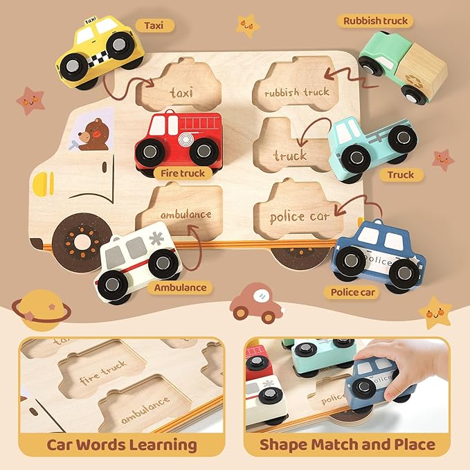 Wooden Toddler Puzzles,Montessori Puzzle for Toddlers 1-3,Montessori Toys for 1 2 3 Years Old Boys Girls Educational Toys with 6 Emergency and City Vehicles,Wooden Toy Cars for Toddler 1-3