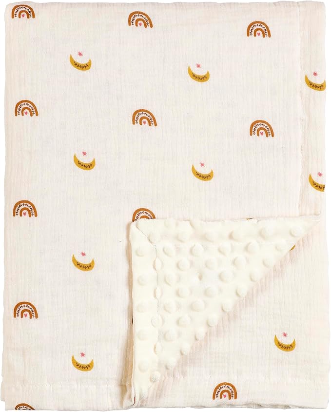 CREVENT 30''X40'' Organic Muslin Cotton Baby Blanket for Newborns, Soft Mink Backing, Essential for Baby Shower Birthday Gift - Moon 75X100cm