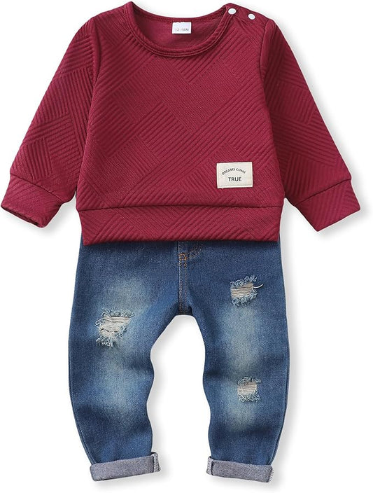NZRVAWS Toddler Baby Boy Clothes Pullover Sweater Ripped Jean Sweatsuit Little Boy Outfit Fall Winter Clothing Set 6M-7T
