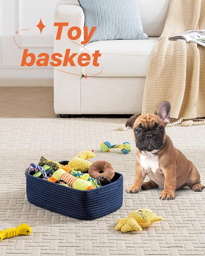 Small Woven Basket, 13.5 x 9.5 x 5 Inches, Storage Basket for Organizing, Cute Small Rope Shelf Closet Cube Storage Bins Baskets for Shelves, Dog Toy Gift Baskets Empty, 3 Packs, Navy Blue