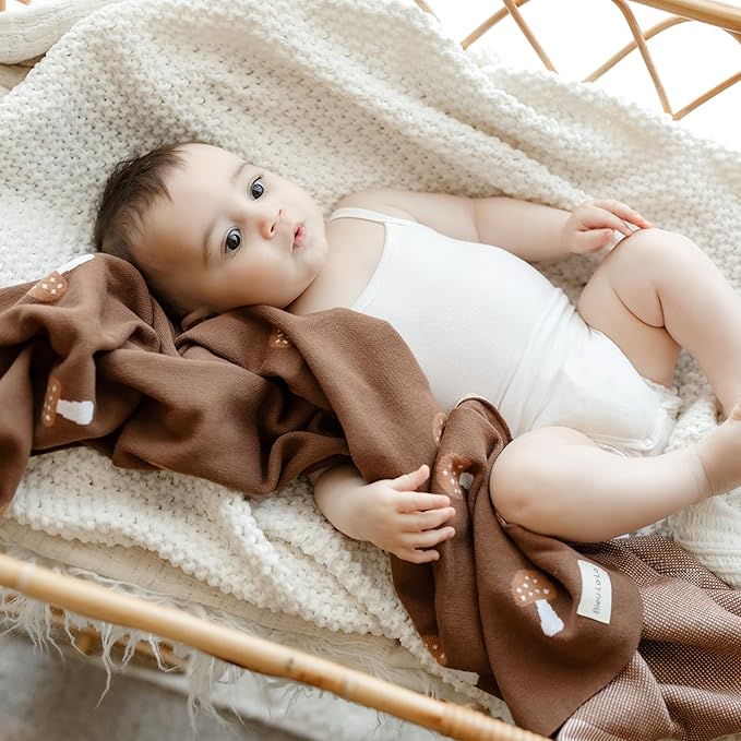 Knit Baby Blanket for Girls and Boys 100% Cotton Buttery Soft Cozy Receiving Swaddle Crib Stroller Blanket for Shower Gift Registry for Newborns, Infants, Toddlers (Mushroom - Mocha)