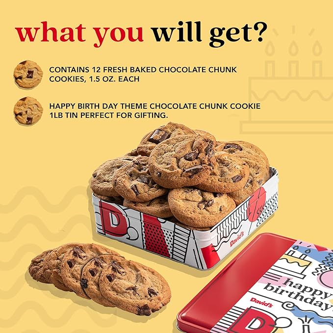David's Cookies Happy Birthday Chocolate Chunk Cookies Tin 1lb - Handmade and Fresh Baked Gourmet Cookie Gift Basket - Delectable & Made with Premium Ingredients - Ideal Birthday Food Gift For All