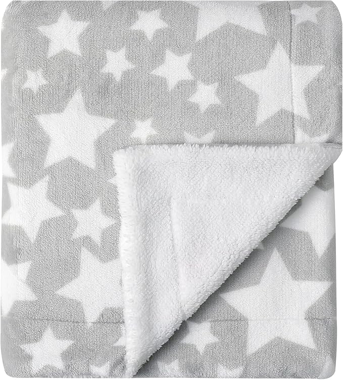 CREVENT 30"X40" Cozy Soft Warm Two Layers Sherpa Baby Blanket for Girls Boys, Newborn Essentials for Infant, Baby Shower Receiving Gift - Star Grey 75X100cm