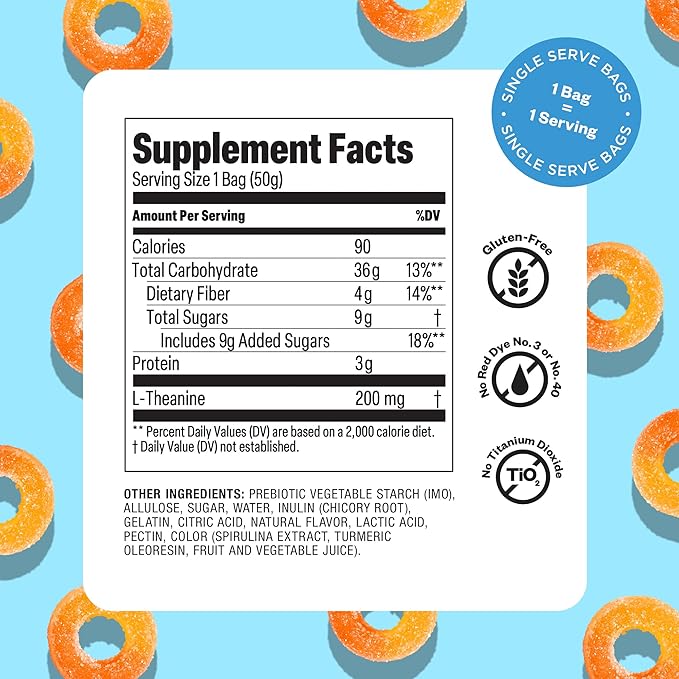 Tandy Mellow Rings L-Theanine Gummies I Relaxation Gummy with Juicy Peach Flavor I Calming Gummies for Adults I Gluten-Free Fast-Acting Dietary Supplement Gummy I 6-Pack