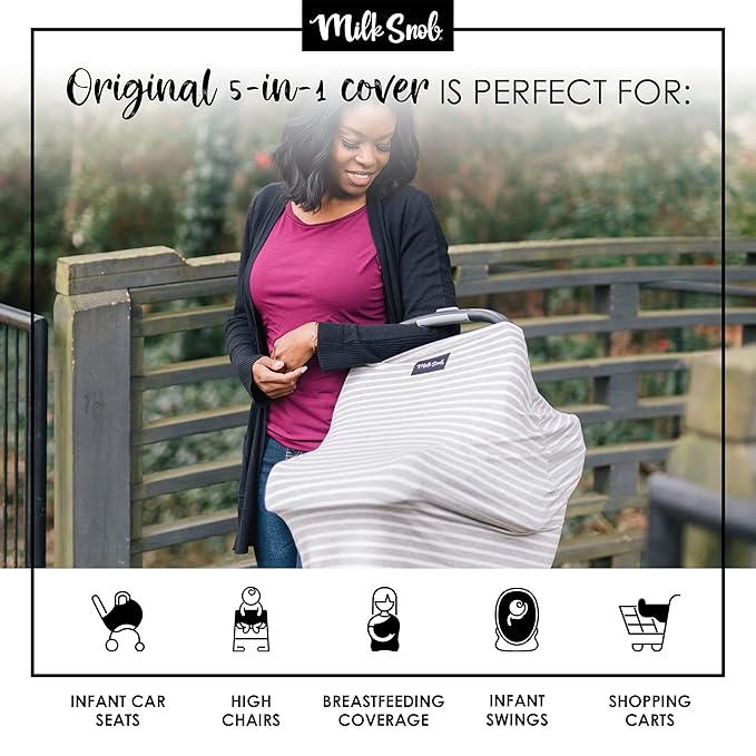 Milk Snob Original 5-in-1 Cover - Added Privacy for Breastfeeding, Baby Car Seat, Carrier, Stroller, High Chair, Shopping Cart, Lounger Canopy - Newborn Essentials, Nursing Top, Heather Gray Stripe