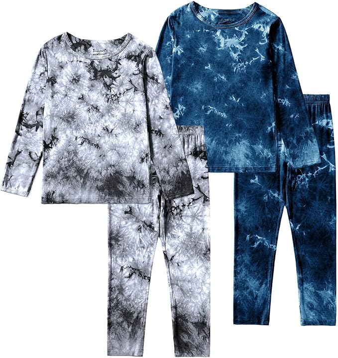Jimonda Kids Toddler Soft Rayon From Bamboo Pajamas Long Sleeve Boys Girls Sleepwear Outdoor 4pcs Set Tops&Pants Tie Dye Pj