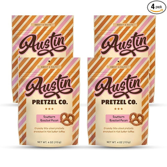 Southern Roasted Pecan Pretzels – 4 Oz Gourmet Snack, Crunchy Bite-Sized with Rich Butter Toffee Coating – A Taste of Texas in Every Bite Austin Pretzel (Pack of 4)