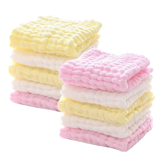 MUKIN Baby Washcloths - Natural Cotton Baby Wipes - Soft Newborn Baby Face Towel for Sensitive Skin- Baby Registry as Shower, 10 Pack 12x12 inches (Pink,Yellow,White)
