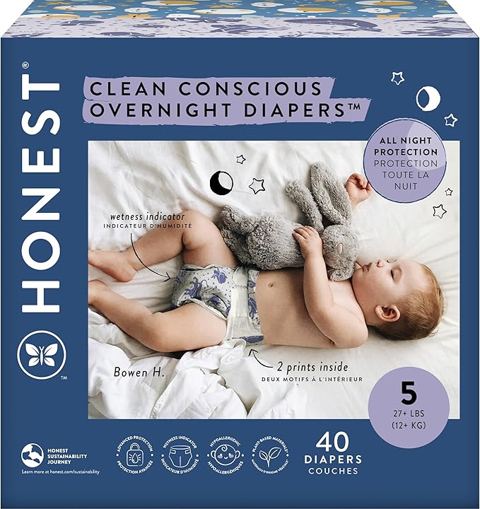 The Honest Company Clean Conscious Overnight Diapers for Sensitive Skin | Hypoallergenic, Fragrance Free | Cozy Cloud + Star Signs | Club Box, Size 5 (27+ lbs), 40 Count