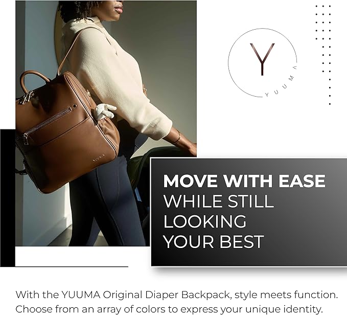 YUUMA Collection Original Diaper Backpack - Vegan Leather Baby Bag - Gold Zipper - Multiple Pockets - Easy Clean Nylon Interior - Many Colors - Modern Diaper Bag (Cinnamon)