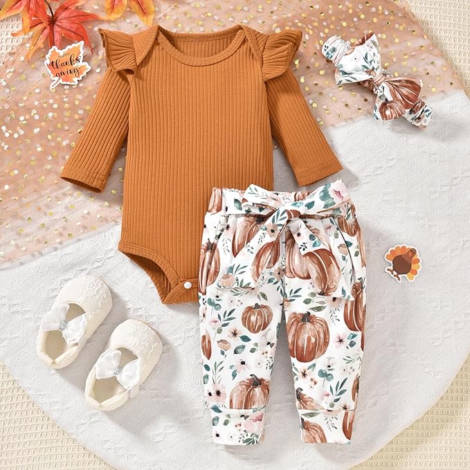 Aalizzwell Preemie Newborn Infant Baby Girls Clothes Ribbed Romper Bodysuit Pants Set Fall Winter Outfits