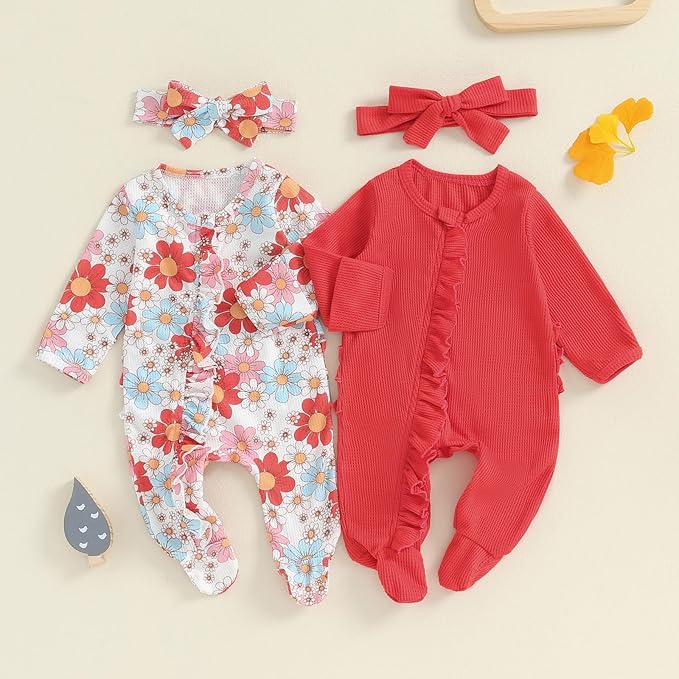 Baby Girl Footies Newborn Zipper Sleeper 2 Pack Ruffle Pajamas Romper Coming Home Outfit
