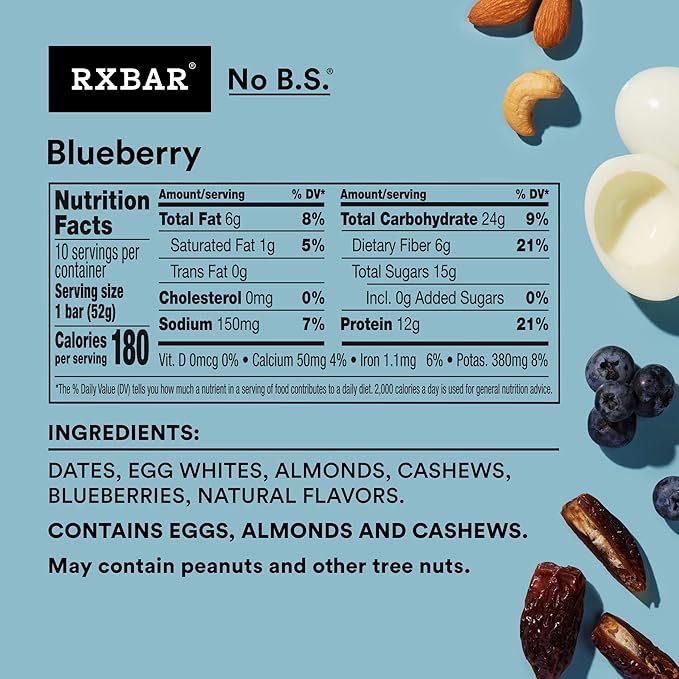 RXBAR Protein Bars, Protein Snack, Snack Bars, Blueberry, 18.3oz Box (10 Bars)