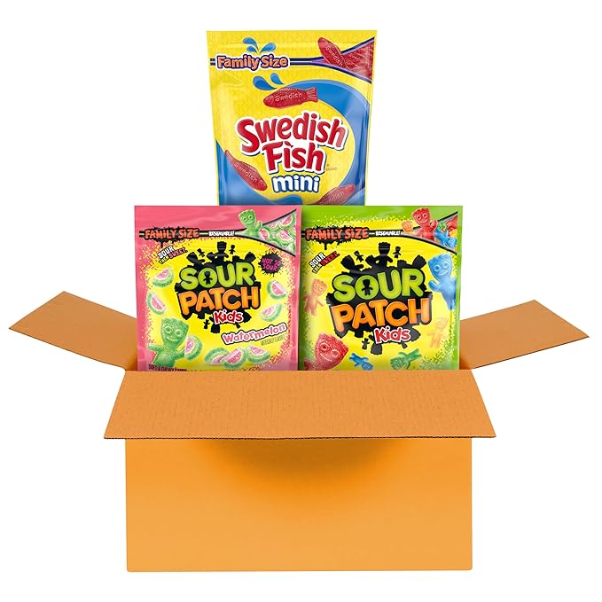 SOUR PATCH KIDS Original, SOUR PATCH KIDS Watermelon, and SWEDISH FISH Mini Soft & Chewy Candy Variety Pack, Family Size, Bulk Candy, 3-1.8 lb Bags