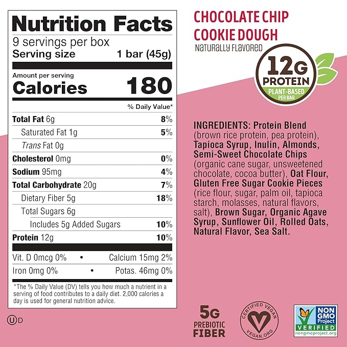 Lenny & Larry's Cookie-fied Bar – Chocolate Chip Cookie Dough Vegan Protein Bars 9x45g – Healthy Snacks with 12g Plant Protein & 5g Fiber – Gluten free Power Bar, Keto Friendly, Non-GMO & Vegan