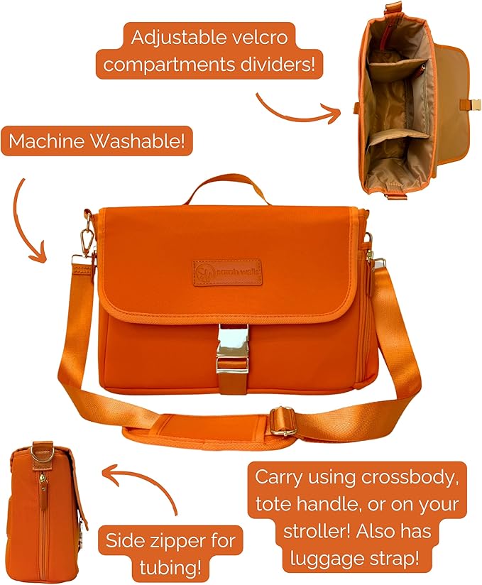 Sarah Wells Stroller Caddy & Pump Bag – Insulated Neoprene Diaper Organizer with Crossbody Strap, Machine Washable, Luggage Sleeve – Fits Single & Double Strollers (Orange)