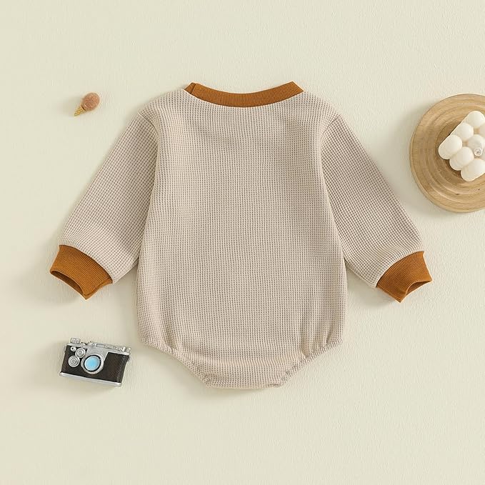 SAYOO Aunties Bestie Baby Girl Clothes Letter Embroidery Waffle Color Block Sweatshirt Bodysuit Fall Bubble Romper Pullover