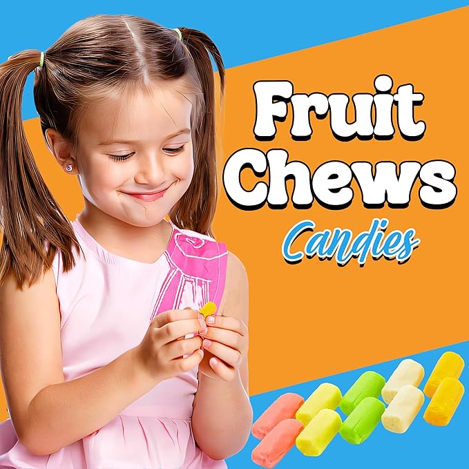 Fruit Chews Mix, Bulk 2 Lbs Individually Wrapped Candy, 8 Assorted Fruity Flavors Soft and Chewy Taffies, Peanut and Gluten Free, Colorful Candy for Parties, Appx 135 Pcs