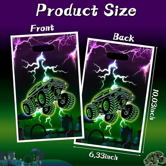 Green Purple Monster Truck Party Favor Bags - 50Pcs Monster Truck Goody Candy Treat Gifts Bags, Green Purple Racing Car Themed Party Decorations for Kids Boys Girls Birthday Supplies