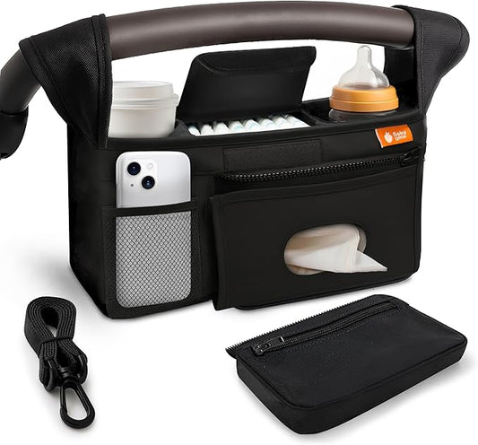 Baby Uma Universal Stroller Organizer Bag - Stroller Caddy Organizer with XL Insulated Cup Holder (x2), Phone Holder, Wipes Dispenser, Zip-Off Wrist Bag & Clip-On Shoulder Strap, Baby Travel Gear
