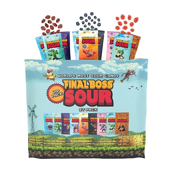 Final Boss Sour Candy Berry Variety, 27 Pack, All Sour Levels, Extreme Sour Fruit Chews with Real Dried Fruit, No Artificial Colors or Flavors, Low Calorie Snack for Kids, Teens, Adults & On The Go
