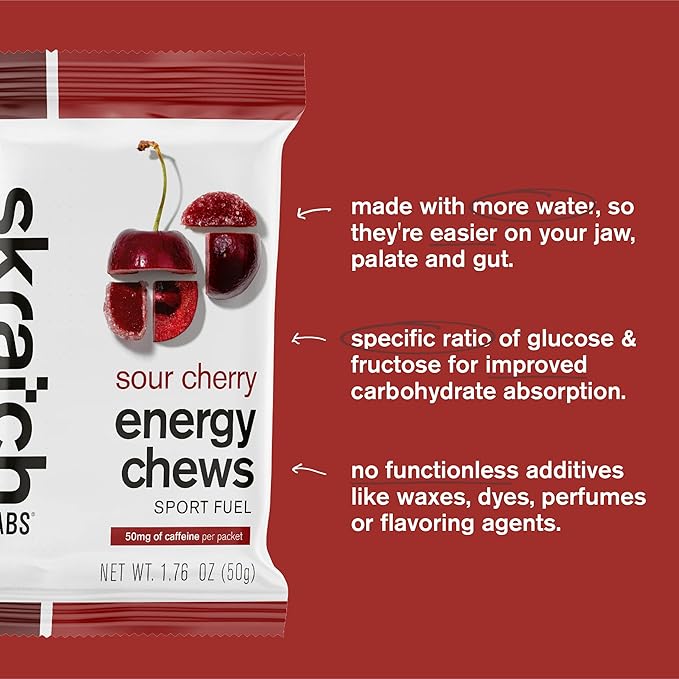 Skratch Labs Energy Chews | Caffeine Gummies for Running, Cycling, and Sports Performance | Gel Alternative | Sour Cherry (10 Pack) | Gluten Free, Vegan