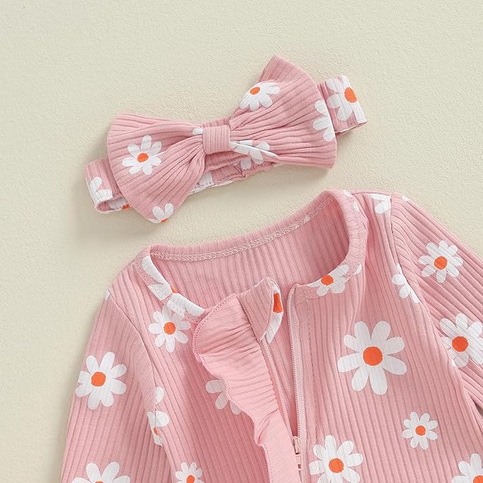 Newborn Girl Clothes Baby Girl Coming Home Outfit Zipper One-piece Outfits Ruffle Footie Bodysuit Jumpsuit Headband