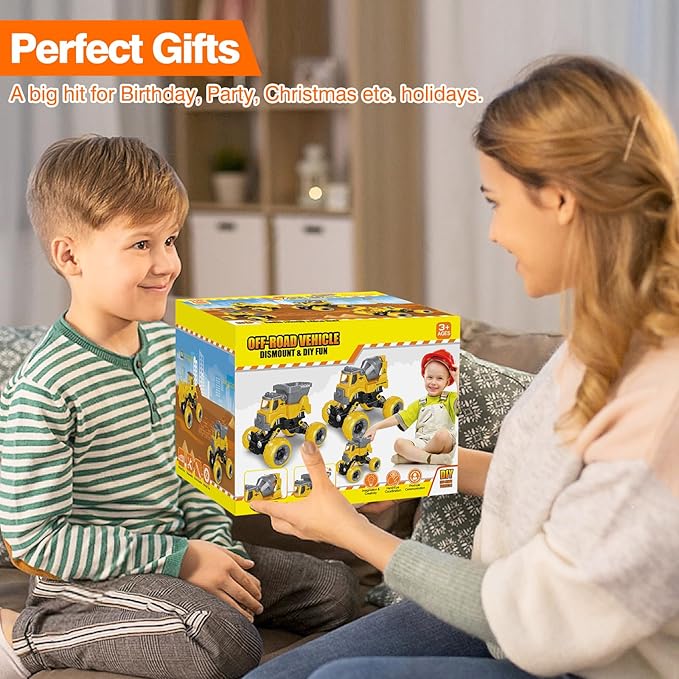 LUDILO 4PCS Take Apart Toys for 4 Year Old Boys Construction Toys with Electric Drill DIY Assembly Building Stem Toys Trucks Gifts for 3 4 5 6 7 8 Year Old Boys Girls Kids Learning Educational Toys