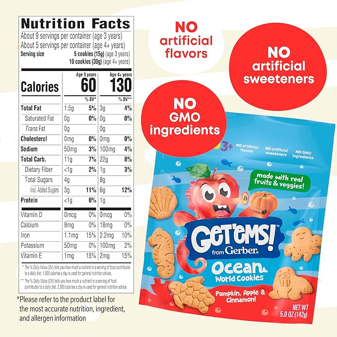 Get'ems! from Gerber Pumpkin, Apple & Cinnamon Ocean World Cookies, Kids Snack Made with Real Veggies & Fruits, Iron & Vitamin E
